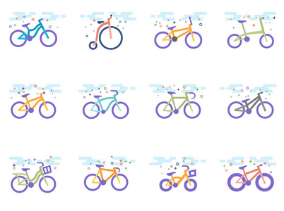 自行车类型图标的平面颜色风格。 矢量图。