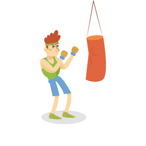 打一个沙袋, 男人在健身俱乐部或健身房锻炼, 积极健康的生活方式卡通