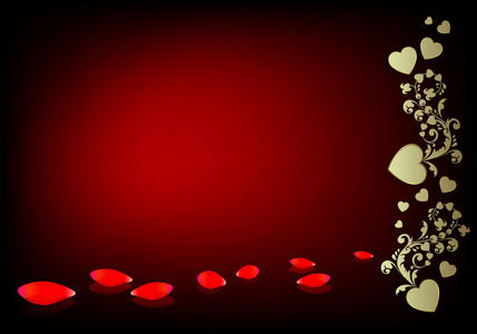 深红色的背景与心脏和玫瑰花瓣的剪影