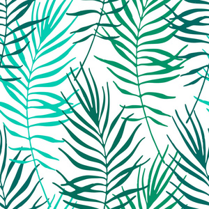 热带树叶, 丛林模式。无缝植物手绘图案。矢量背景。棕榈树叶