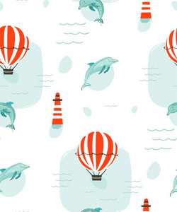 手绘矢量抽象可爱的夏日时光卡通插画与热气球, 灯塔和海豚在蓝色海洋背景下的无缝模式