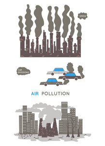 空气污染。 生态问题概念。 工厂和汽车污染环境。 矢量插图