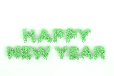 白色背景下的绿球快乐的新年单词