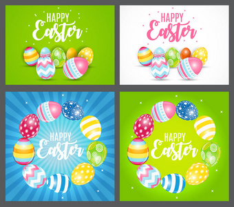 复活节快乐可爱的背景与鸡蛋。集卡。矢量插图