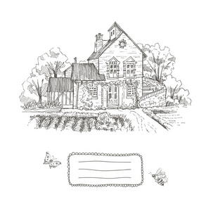 老农舍和庭院例证。文本的框架。手绘插图。矢量设计