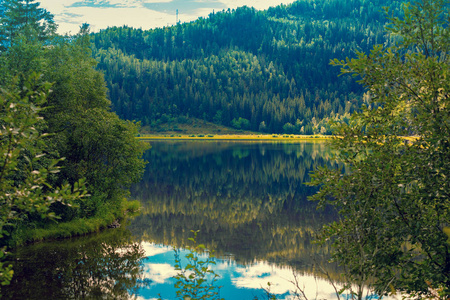 秋天的早晨，山湖的落基岸。挪威美丽的大自然。对湖的反思