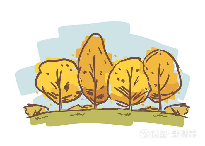 手绘的秋天树木素描卡通自然景观