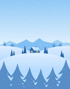 冬季卡通山水与房子, 松树和雪花