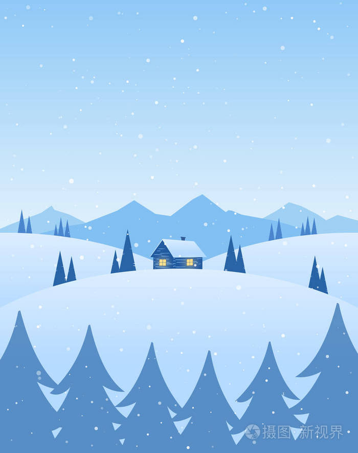 冬季卡通山水与房子, 松树和雪花插画-正版商用图片116ri4-摄图新视界