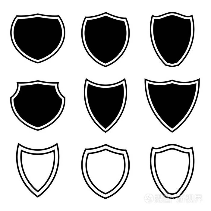 黑色简单的徽章或盾牌矢量图标设置在白色背景隔离