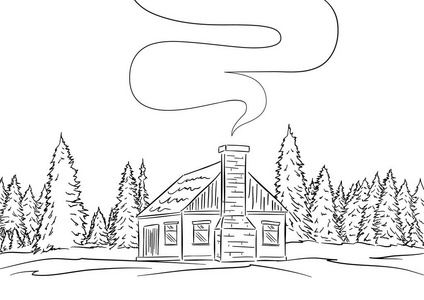 手绘景观与房子和松树林。素描线设计