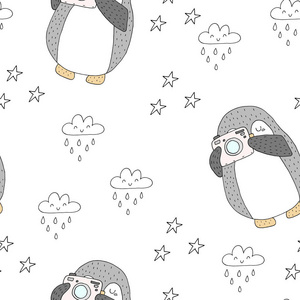 与可爱的企鹅的无缝模式。手绘插画。矢量