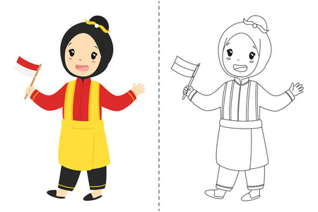 印尼女孩穿着亚齐传统服装，拿着印尼国旗。 儿童穿着印尼传统服装黑白轮廓卡通矢量着色页面。