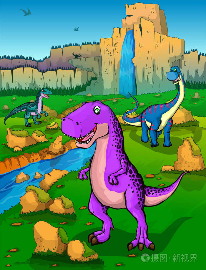 可爱卡通霸王龙梁龙和迅猛在自然背景下