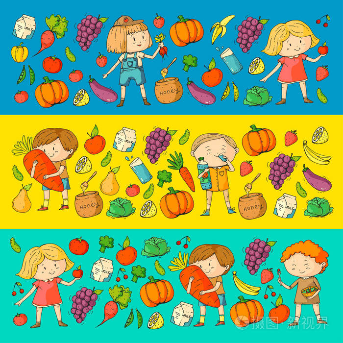 水果和蔬菜男孩和女孩吃健康的食物和零食矢量涂鸦幼儿图案与卡通儿童