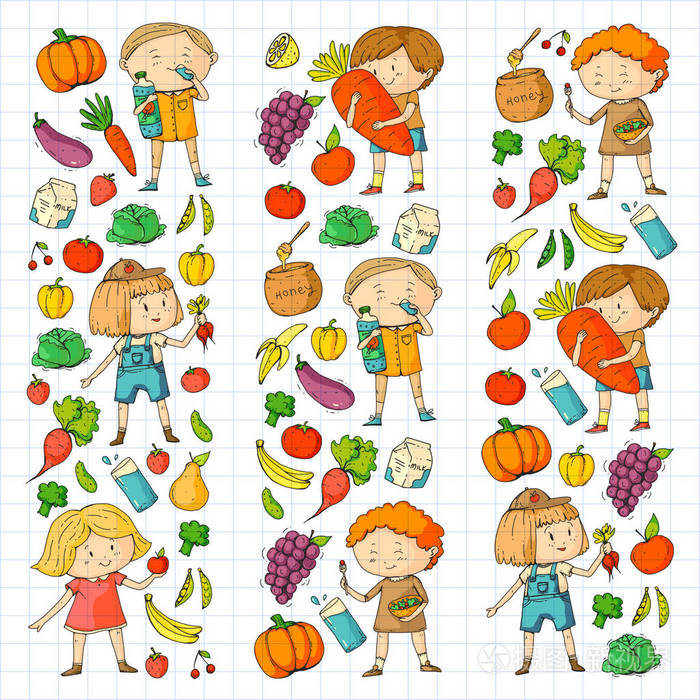 水果和蔬菜男孩和女孩吃健康的食物和零食矢量涂鸦幼儿图案与卡通儿童