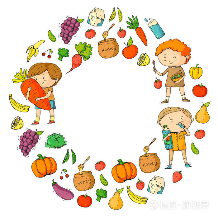 儿童咖啡馆水果和蔬菜男孩和女孩吃健康的食物和零食