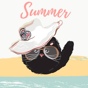 逗人喜爱的夏天海报例证与俏丽的猫在帽子