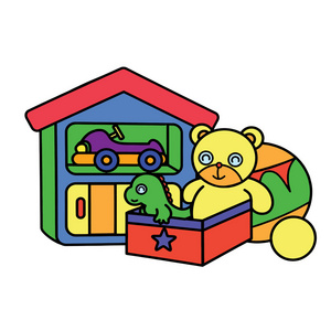 可爱的卡通收藏玩具在房子的白色背景为儿童打印T恤彩色书有趣和友好的性格为儿童。
