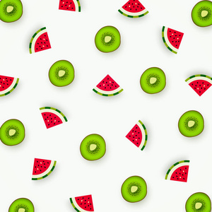 五颜六色的猕猴桃和西瓜图案。抽象的水果形象, 简约的风格。顶部视图。夏季食品的概念。矢量插图