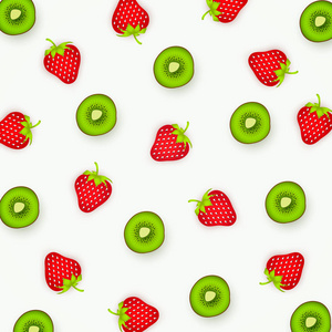 五颜六色的猕猴桃和草莓图案。抽象的水果形象, 简约的风格。顶部视图。夏季食品的概念。矢量插图