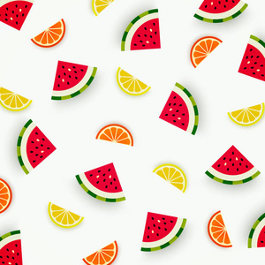 五颜六色的西瓜橘子和柠檬图案。抽象的水果形象, 简约的风格。顶部视图。夏季食品的概念。矢量插图