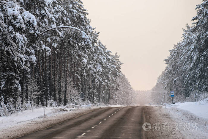 冬季森林和汽车路
