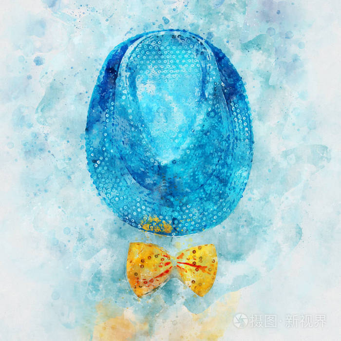 水彩风格和抽象形象蓝色闪亮的片党的帽子旁边的黄色弓
