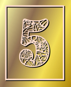 激光切割矢量五号与蝴蝶和花瓣. 面板模板.