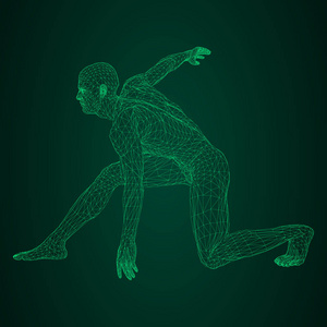 男运动员掷铁饼者或亚军, 在待机或低起点。不同侧面的视图。绿色霓虹灯绿光三角形网格的矢量图示