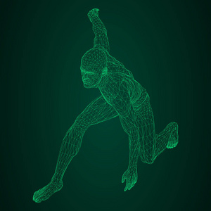 男运动员掷铁饼者或亚军, 在待机或低起点。不同侧面的视图。绿色霓虹灯绿光三角形网格的矢量图示