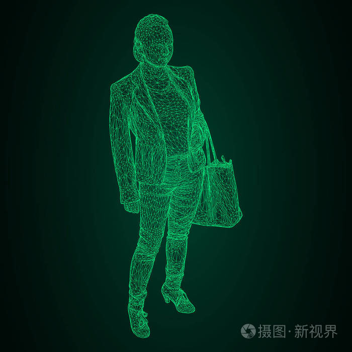 一个女人拿着一个包在她弯曲的手上。绿光三角网格在黑白背景下的矢量图解