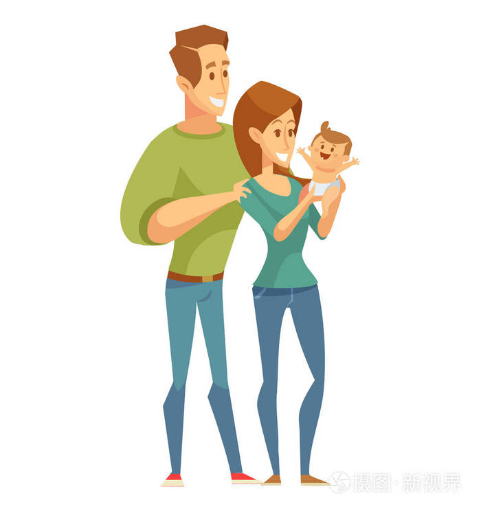 幸福的家庭肖像. 爸爸妈妈和孩子. 平面样式的矢量插图.