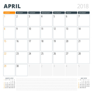 4 月 2018年的日历日程备忘录。设计模板。上周日的周开始。在页面上的 3 个月