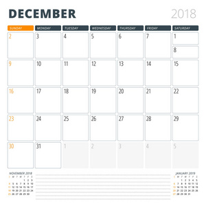 12 月 2018年的日历日程备忘录。设计模板。上周日的周开始。在页面上的 3 个月