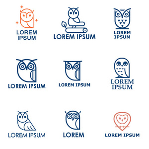 猫头鹰轮廓图标收集。 学校教育标志的轮廓猫头鹰和标志设计元素集。 独特的设计插图。