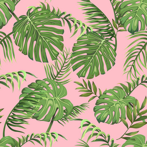 粉红色背景下棕榈树叶子的无缝图案