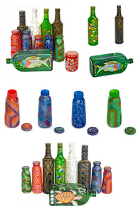 许多不同的瓶子, 画在孤立的背景画点