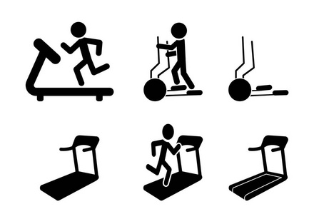 年轻的女人和男人在椭圆机上锻炼卡通老年人做运动自行车和椭圆机与