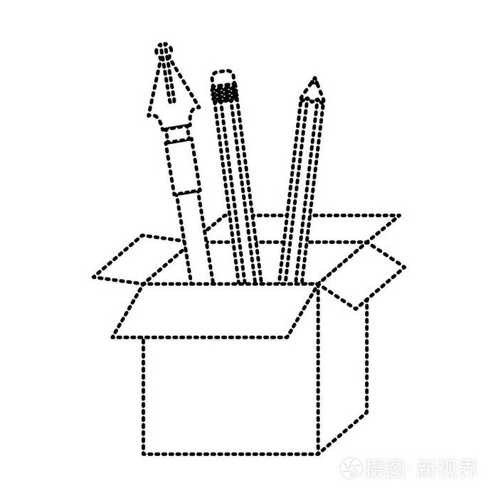 用钢笔和铅笔在黑色虚线轮廓的纸板盒插画-正版商用图片117h4o-摄图新