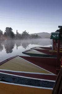 美丽的手工画的trjineras传统的五颜六色的船，来自Xochimilco，用来在运河中航行