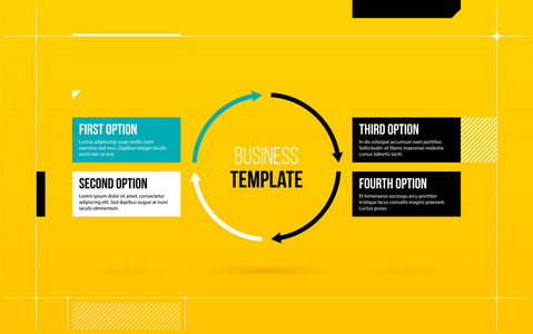 带有四选项的圆形箭头模板在黄色背景优雅的蓝图风格