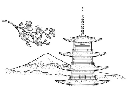 日本的富士山。老式黑色矢量雕刻插图