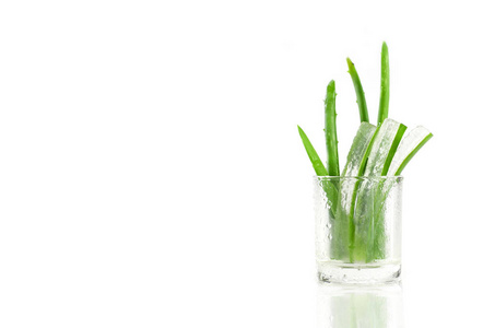 果皮芦荟叶片内部显示透明凝胶。 芦荟芦荟是一种非常有用的草药，用于皮肤护理和头发护理。