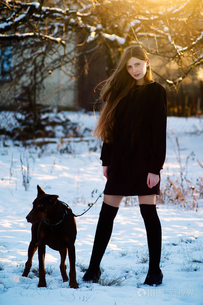 年轻美丽的女孩走在冬季公园与她的狗杜宾犬品种