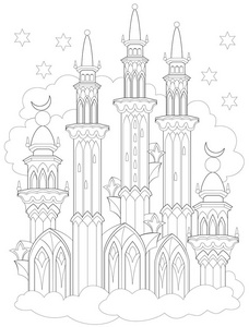 幻想从童话中画出阿拉伯城堡.儿童和成人工作单.矢量图像.照片