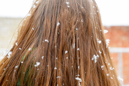 女孩的头在雪花。女孩头发上的雪花