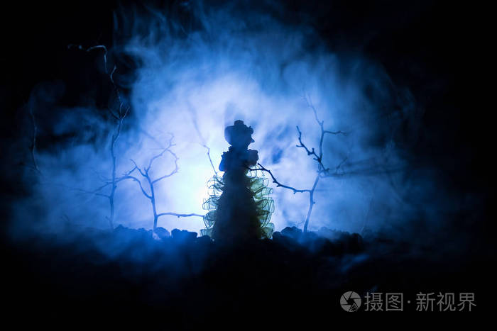 单独的女孩, 在夜间森林中的光, 或色调雾在森林的夜晚.