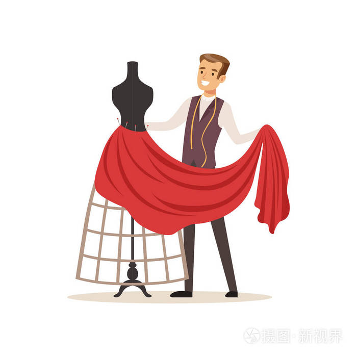 男裁缝缝纫红色连衣裙在一个裁缝的傀儡 服装设计师或裁缝工作室矢量插图插画 正版商用图片117qu6 摄图新视界