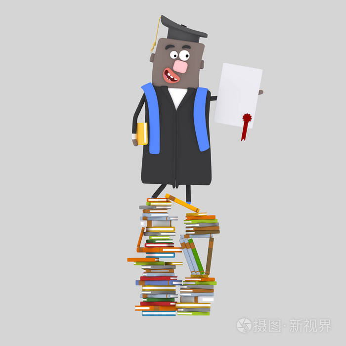 毕业的巴尔克男孩带着毕业论文在一堆书上三维插图